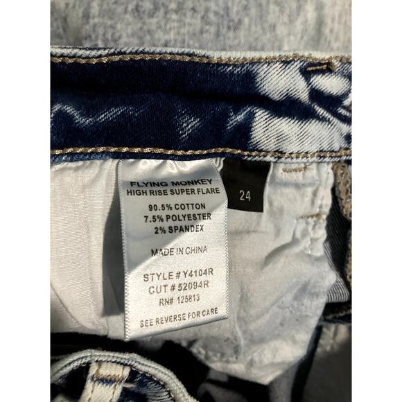 Flying Monkey Super Flare Jeans Women 24"X30" Acid Wash High Rise Distressed - Picture 5 of 11